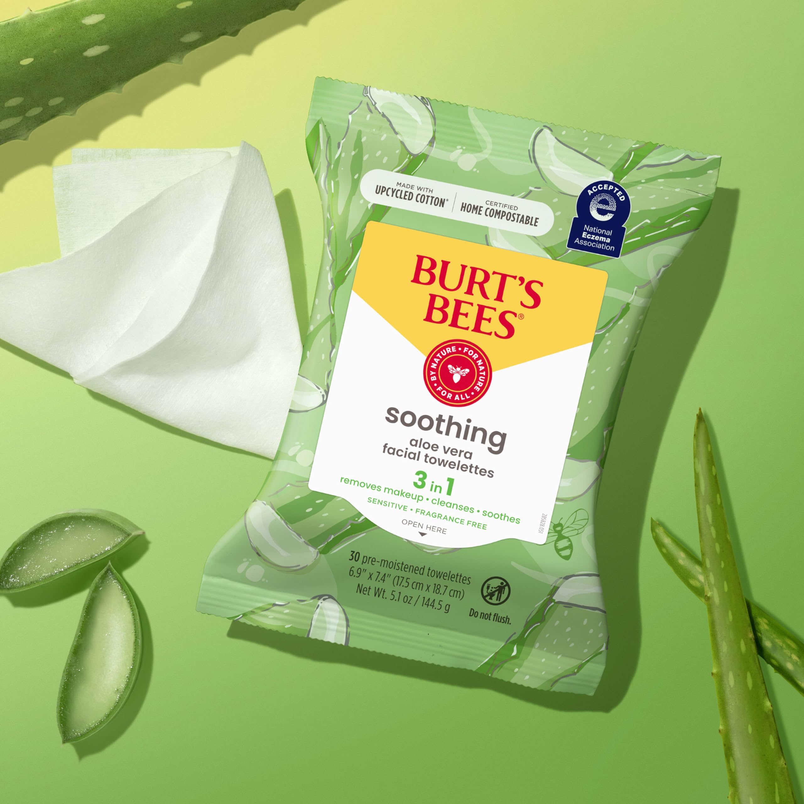 Burt's Bees Aloe Vera Face Wipes for Sensitive Skin | Soothing Makeup Remover & Facial Cleansing Towelettes, 30 Count (Pack of 3)