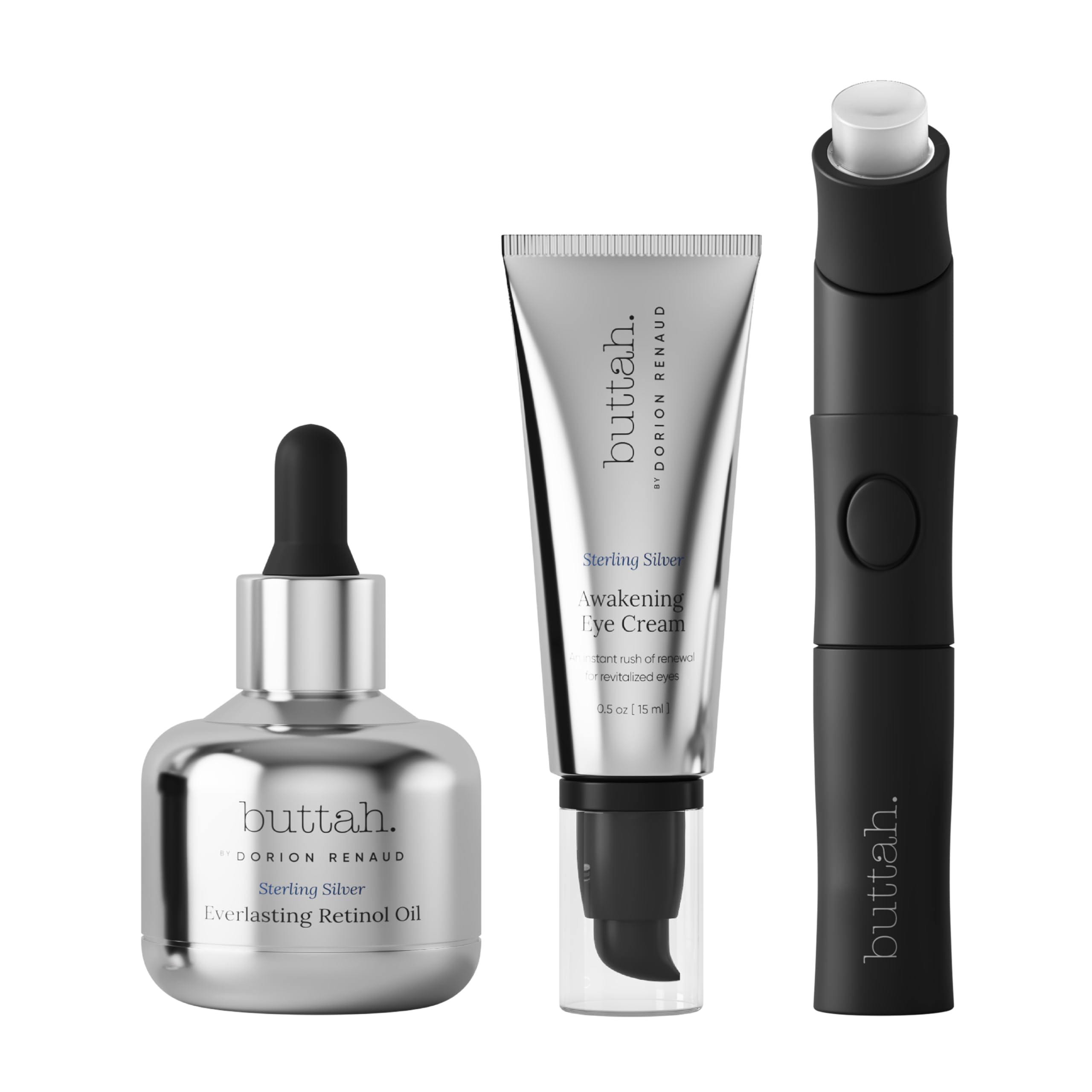 Buttah Skin Sterling Silver Kit for Radiant Beauty | Everlasting Retinol Oil, Awakening Eye Cream, Uplift & Smooth Face Wand