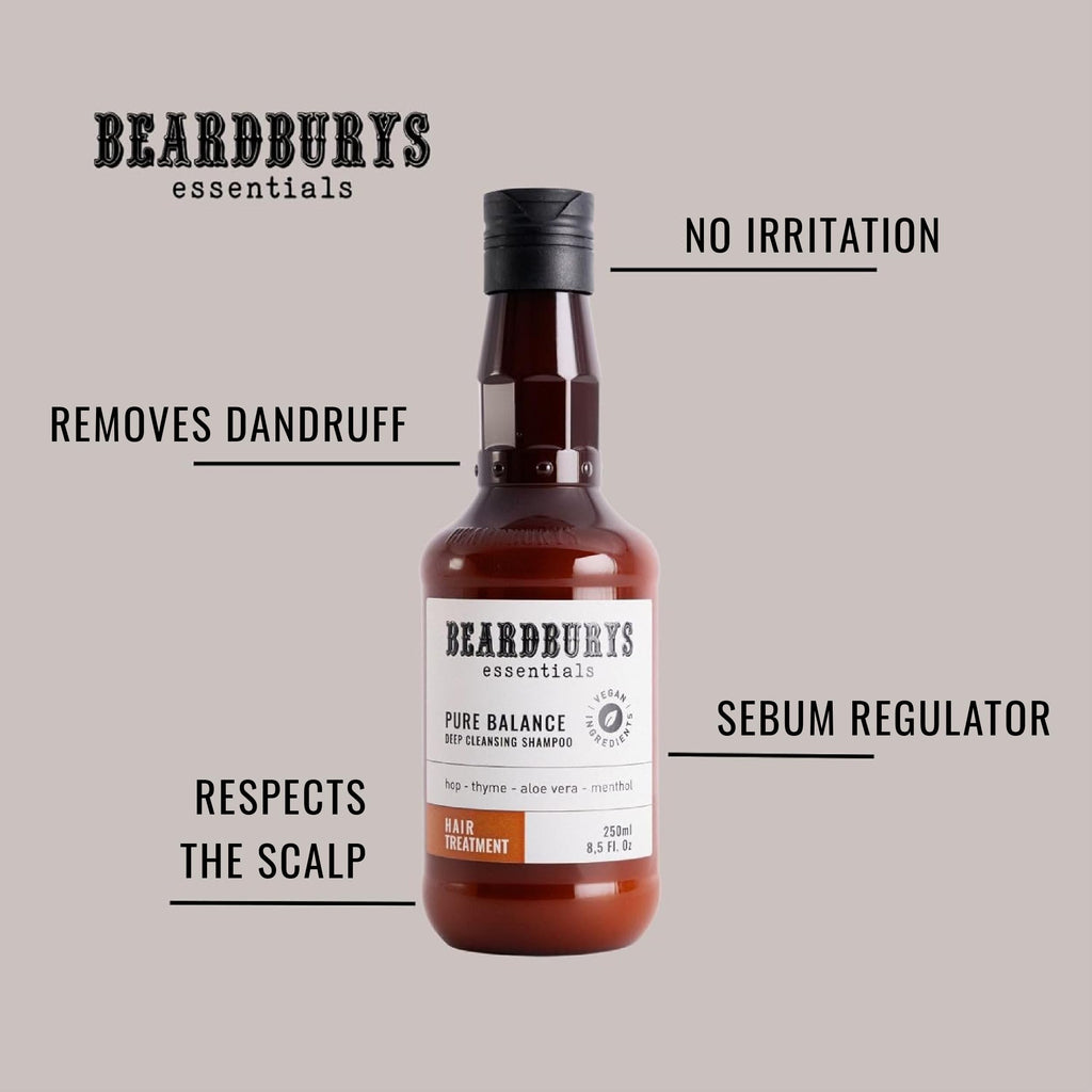 Beardburys Essentials Pure Balance Anti-Dandruff Shampoo – Thyme & Mint, Exfoliating, Vegan, 250 ml