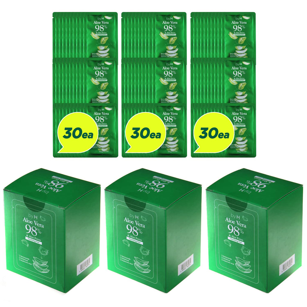 by.H Organic Aloe Vera Gel Bulk – 90 PCS (3 x 30) for Skin & Hair, Non-Greasy Moisturizer, Made in Korea