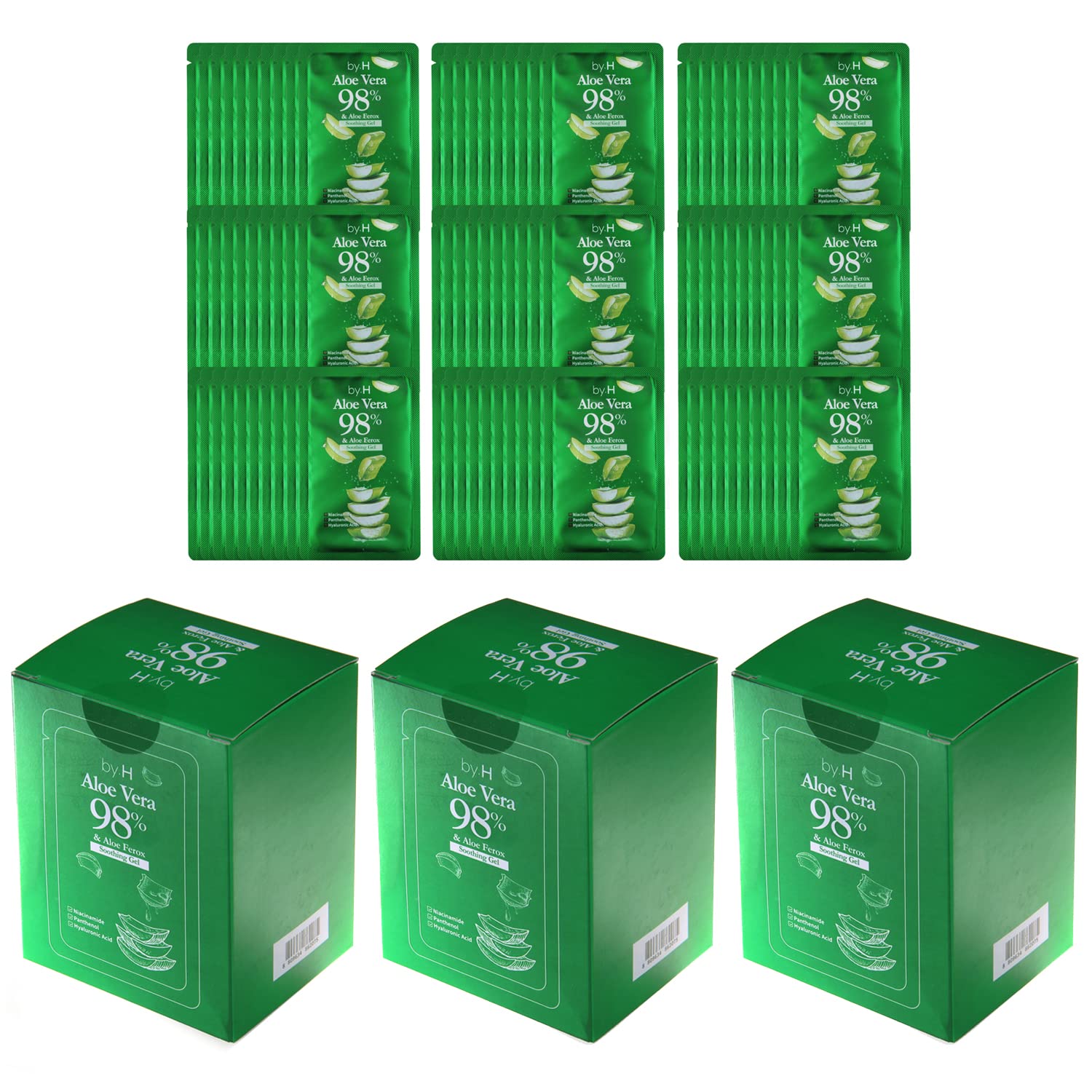 by.H Organic Aloe Vera Gel Bulk – 90 PCS (3 x 30) for Skin & Hair, Non-Greasy Moisturizer, Made in Korea