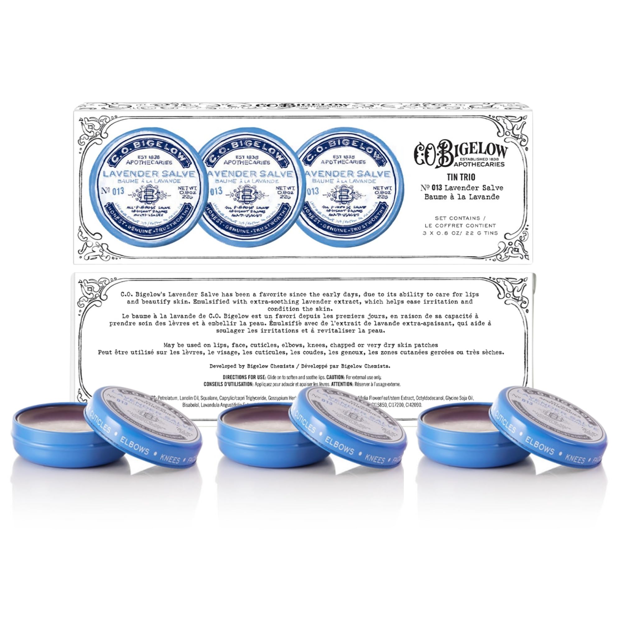 C.O. Bigelow Lavender Salve Tins – Pack of 3 Lip Balm Tins for Lips, Cuticles, Hands & Dry Skin