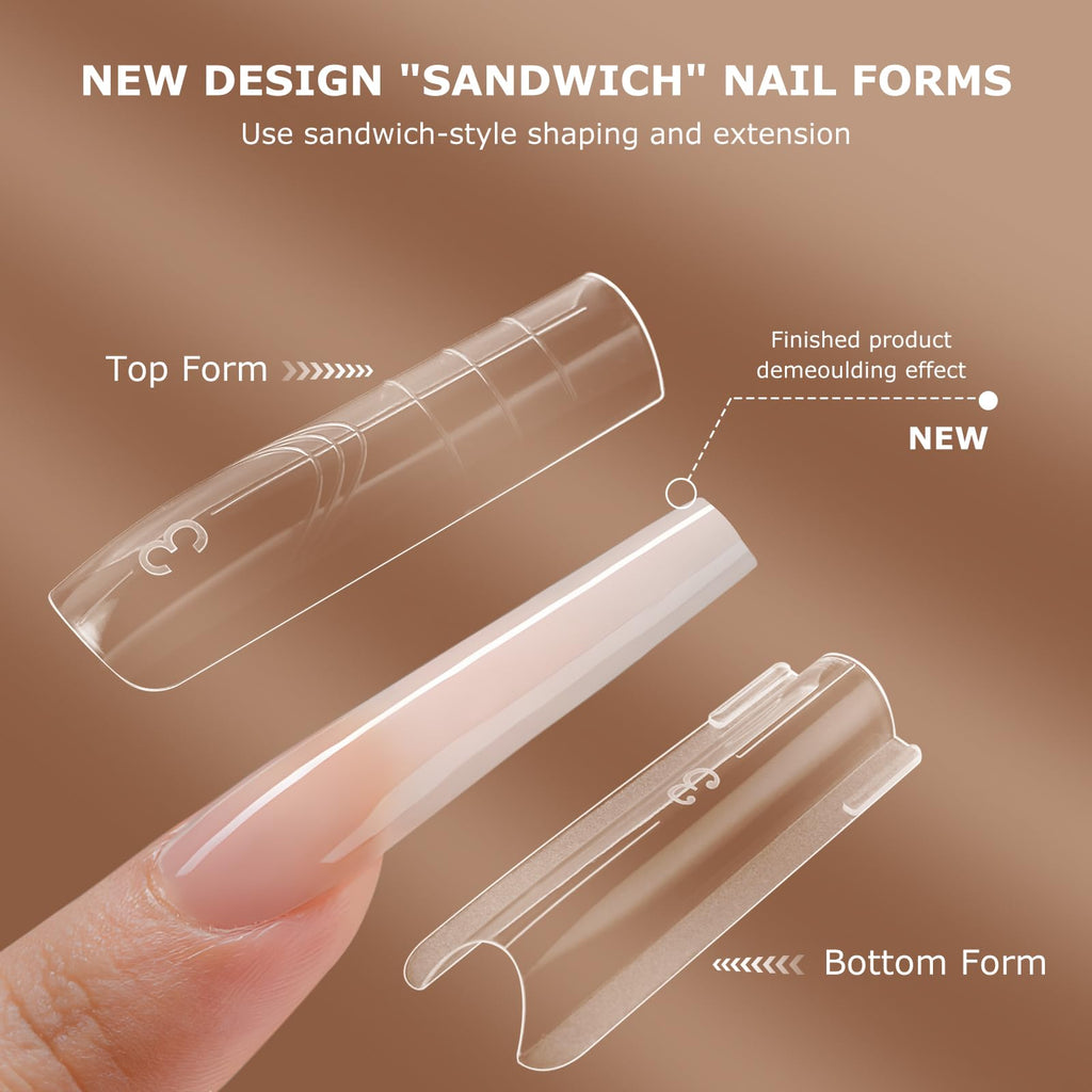 C12rtive Sandwich Nails Dual Forms | 280Pcs Long Square Reusable Nail Extension Forms with Silicone Polygel Stick