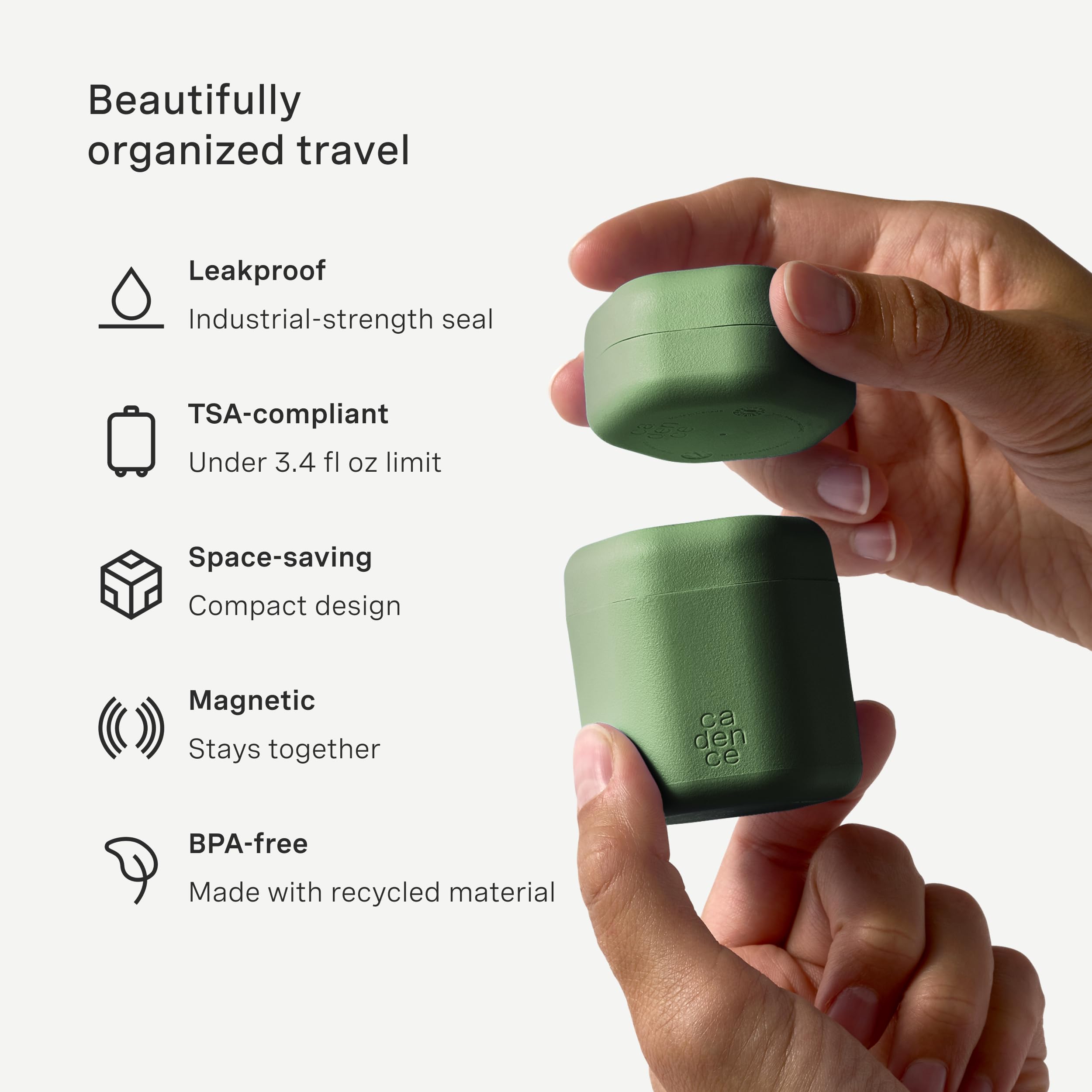 Cadence Travel Containers - 2-Piece Body Care Capsule Set | Magnetic, Leak-Proof TSA Travel Bottles