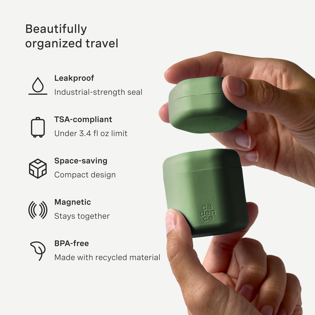 Cadence Travel Containers – 2-Piece Haircare Set | Magnetic Capsule Travel Bottles (Shampoo & Conditioner) – Evergreen