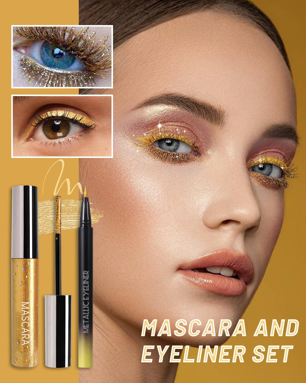Caedelfly Glitter Mascara & Waterproof Eyeliner Duo – Gold, Silver & Purple