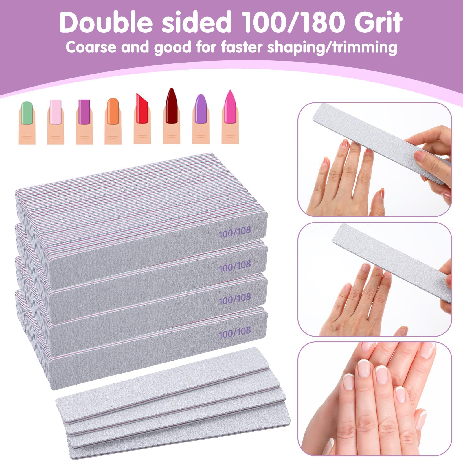 Caeuiciw 100/180 Grit Nail Files (100 Packs) – Dual-Sided Emery Boards for Nails