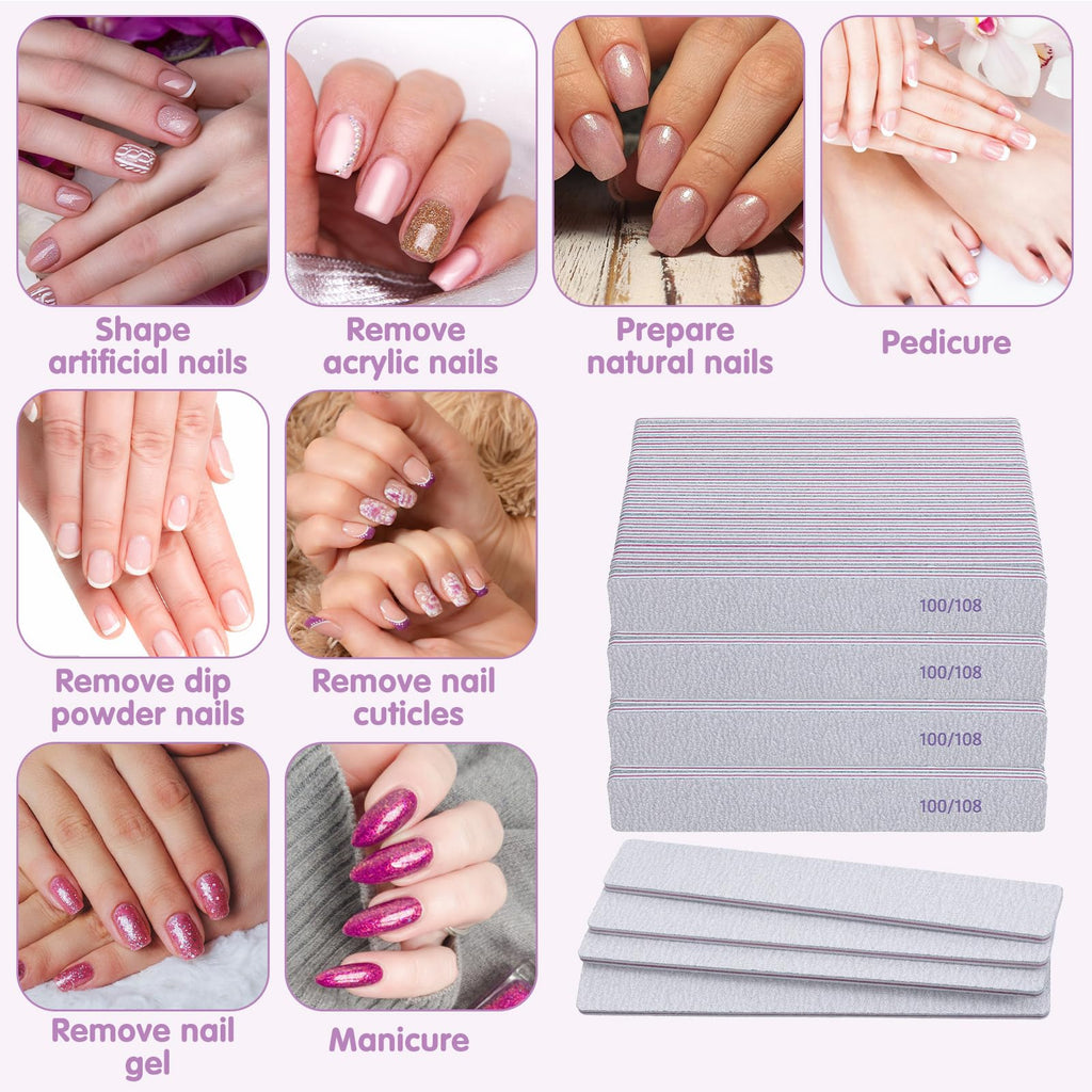 Caeuiciw 100/180 Grit Nail Files (100 Packs) – Dual-Sided Emery Boards for Nails