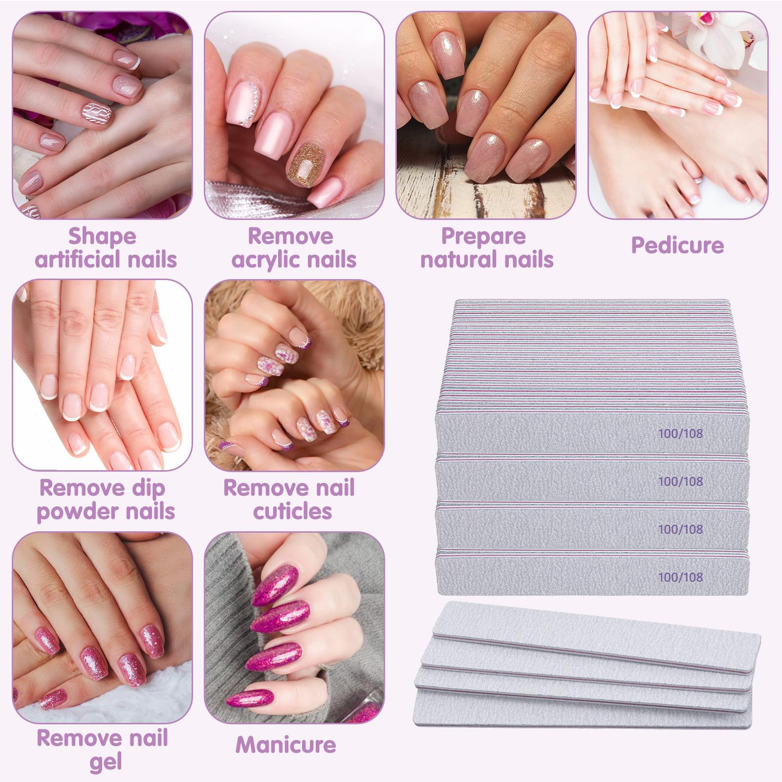 Caeuiciw 100/180 Grit Nail Files (100 Packs) – Dual-Sided Emery Boards for Nails