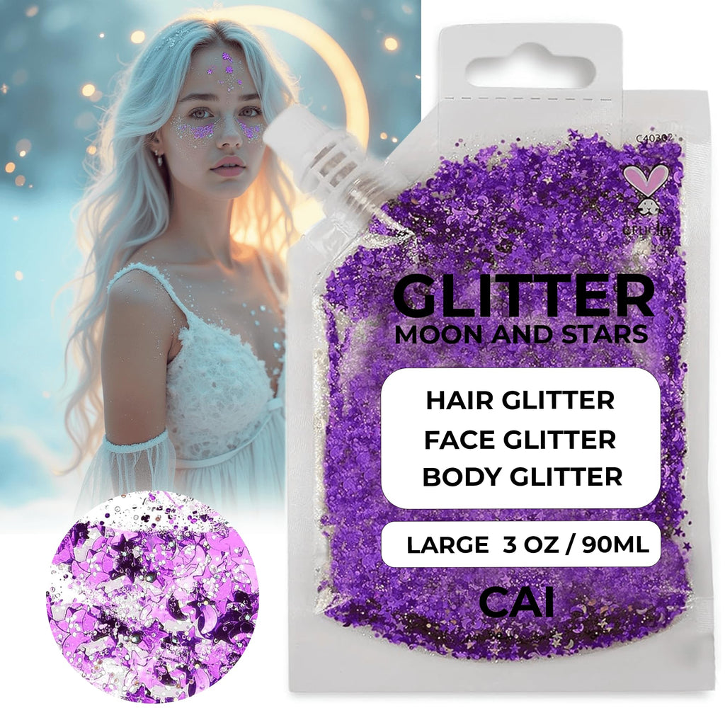 CAI BEAUTY NYC Glitter Gel – Face, Body & Hair (Moon & Stars) Violet 2-Pack