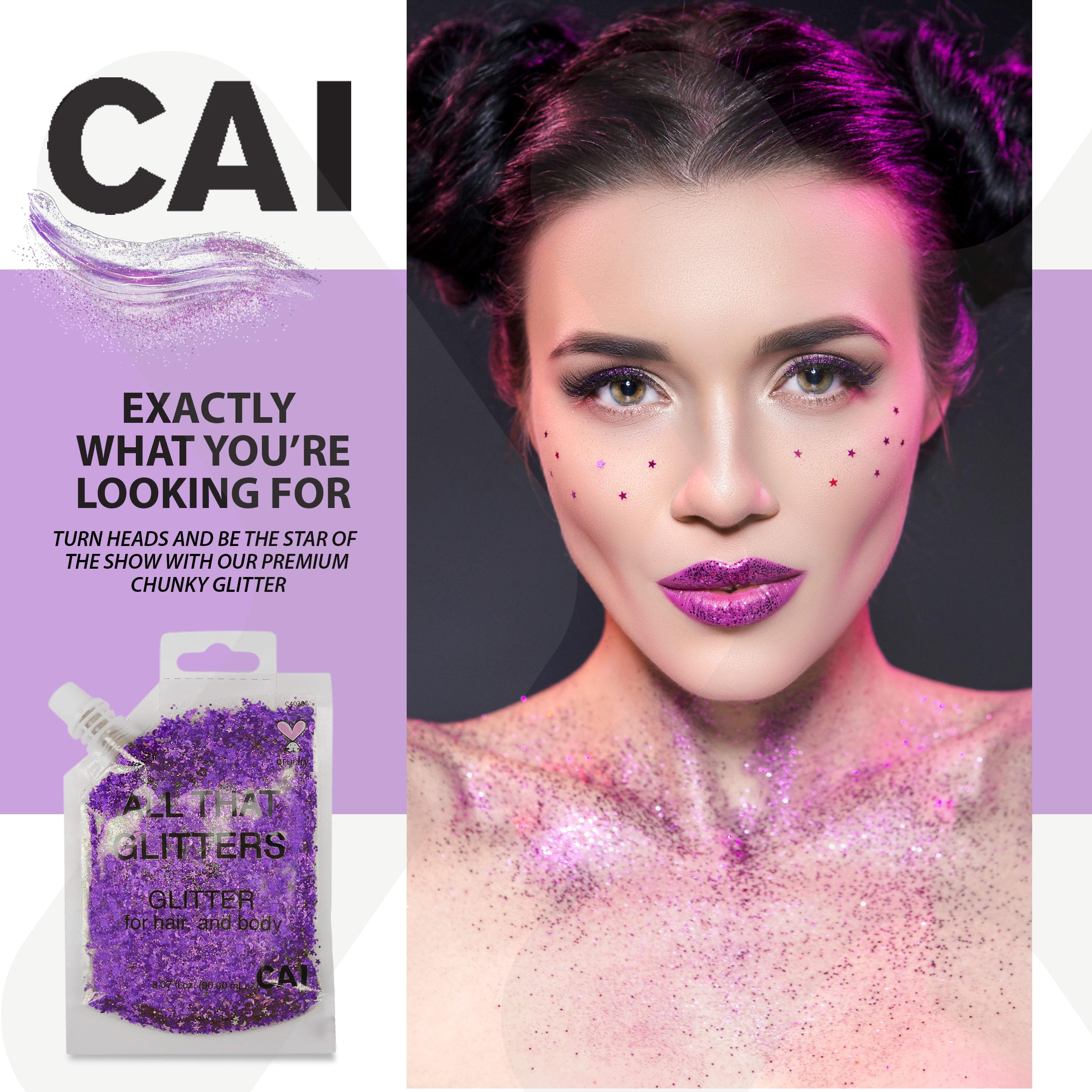 CAI BEAUTY NYC Glitter Gel – Face, Body & Hair (Moon & Stars) Violet 2-Pack