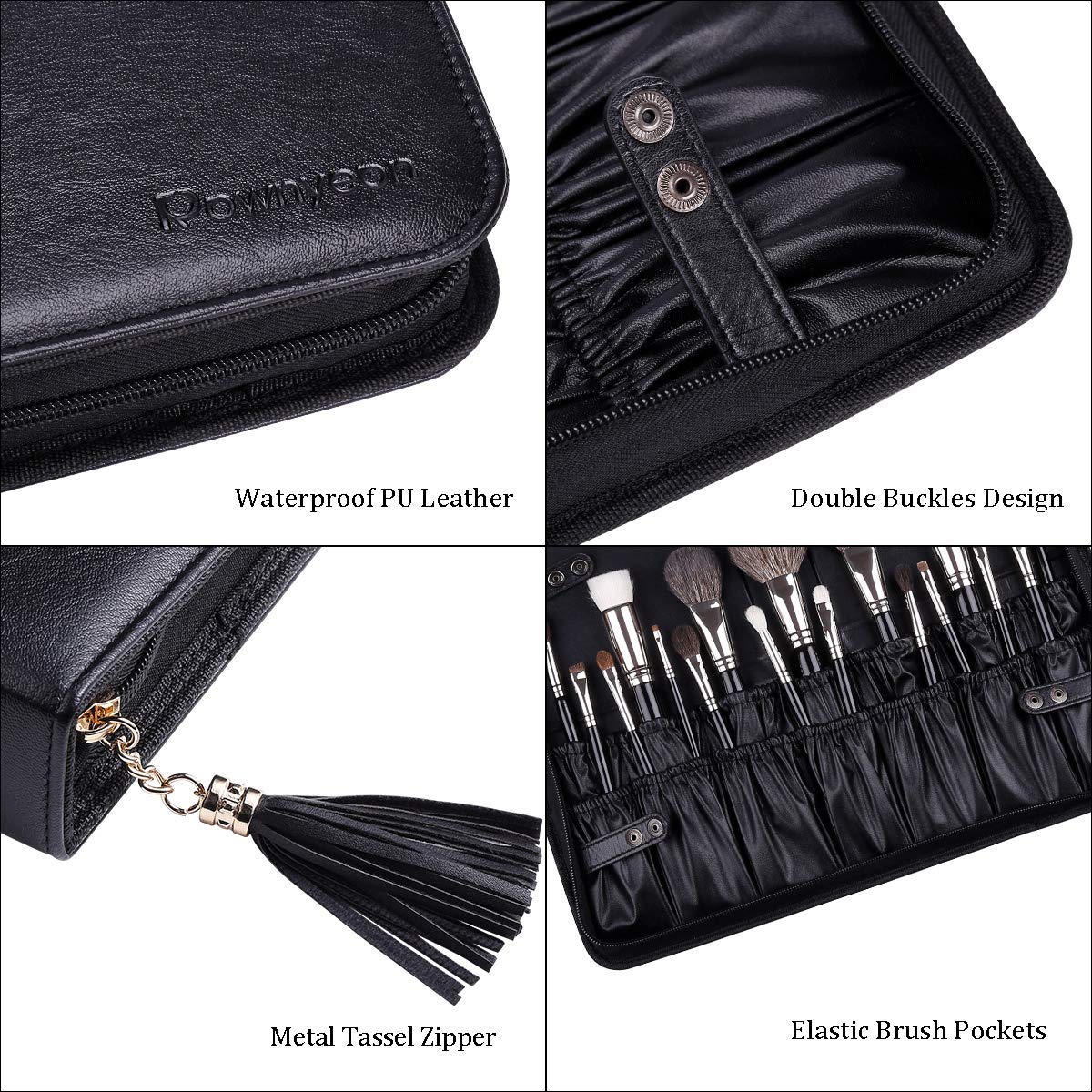 Camdeez Rownyeon Professional Makeup Brushes Organizer Bag – Leather Travel Case, Black