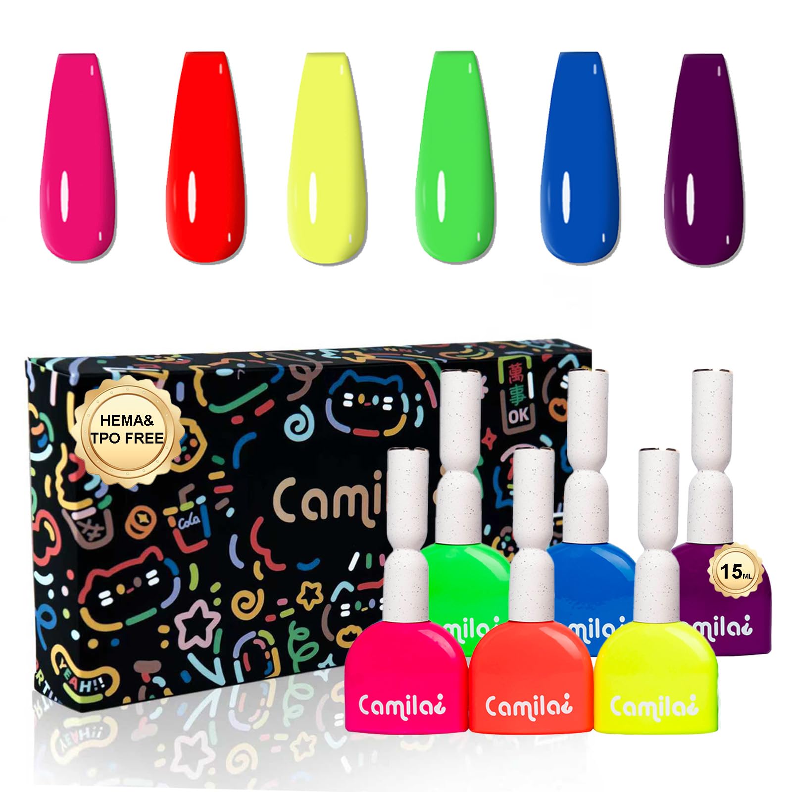 Camila 6pcs Neon Gel Polish Set – Rainbow Colors (Red, Pink, Nude, Green, Yellow) Soak Off