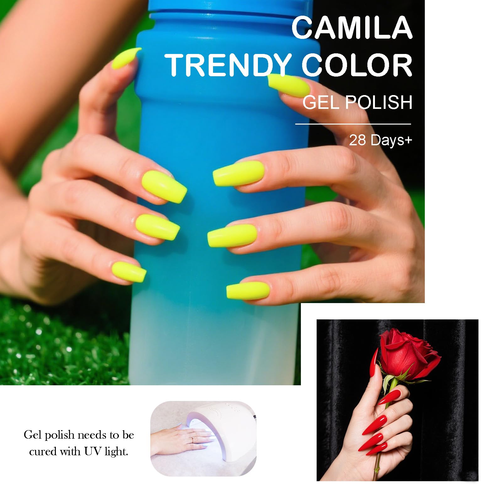 Camila 6pcs Neon Gel Polish Set – Rainbow Colors (Red, Pink, Nude, Green, Yellow) Soak Off