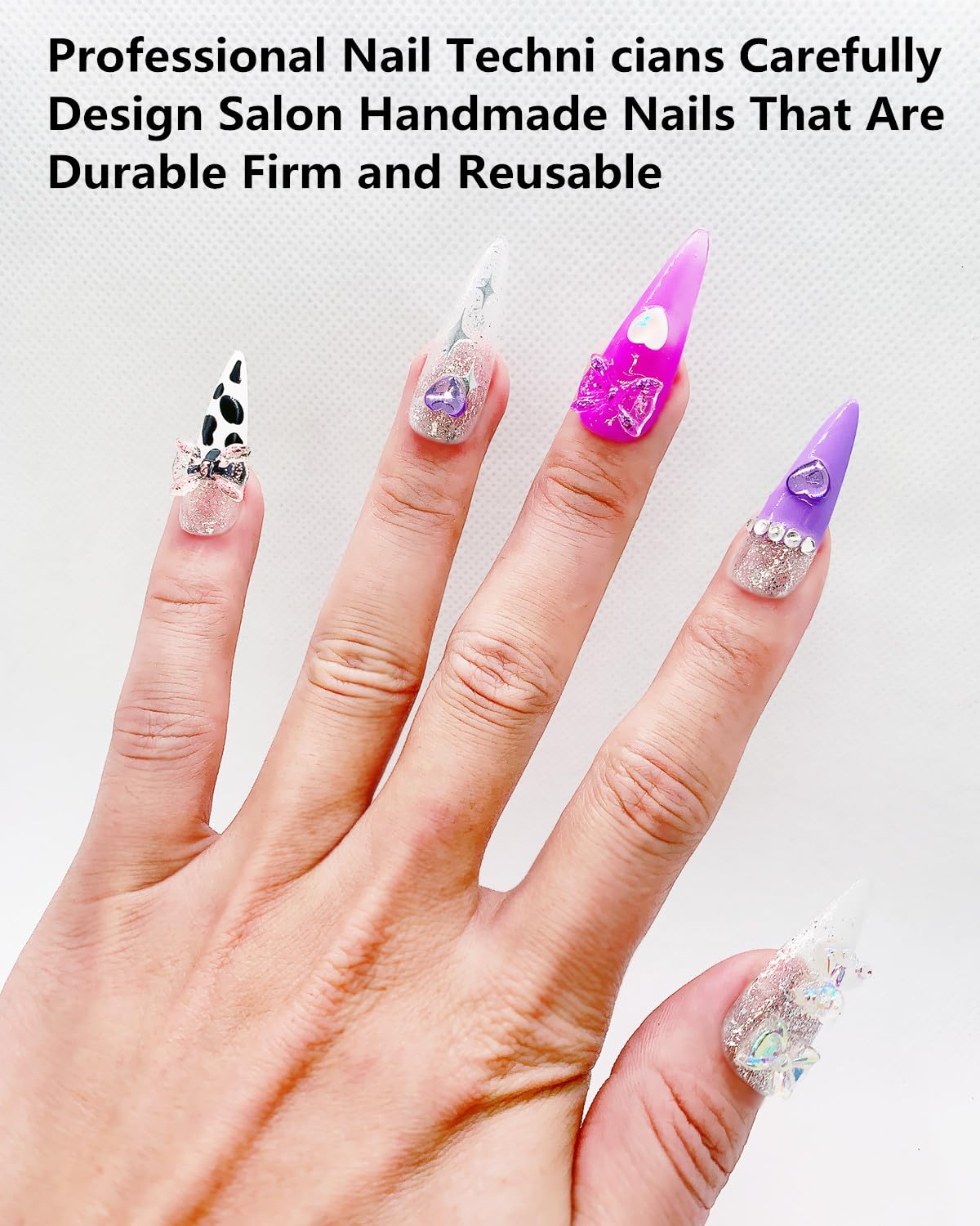CAMILCY Press On Nails – Handmade Luxury Reusable Nails (Long Almond, Armor Tip, Silver Pink Diamonds)