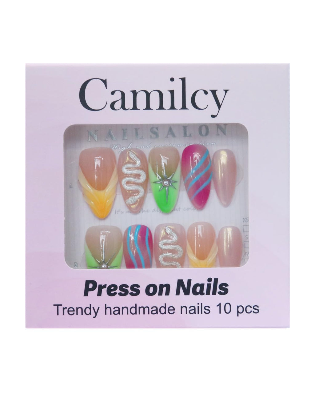 CAMILCY Press-On Nails – Handmade, Reusable Luxury Nails for Women | Short Almond Shape with Colorful Yellow Diamonds