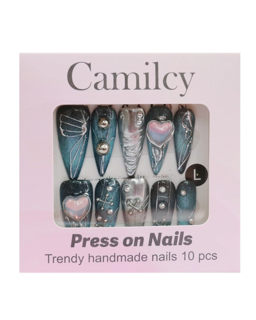 CAMILCY Press On Nails – Handmade Luxury Reusable Nails, Long Almond Shape, Blue Silver Diamond Hand-Painted Design, 10Pcs
