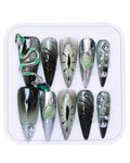 CAMILCY Press On Nails | Handmade Luxury Reusable Nails – Long Almond, Black Diamonds, Hand Painted, GelUV Finish (A038, S)