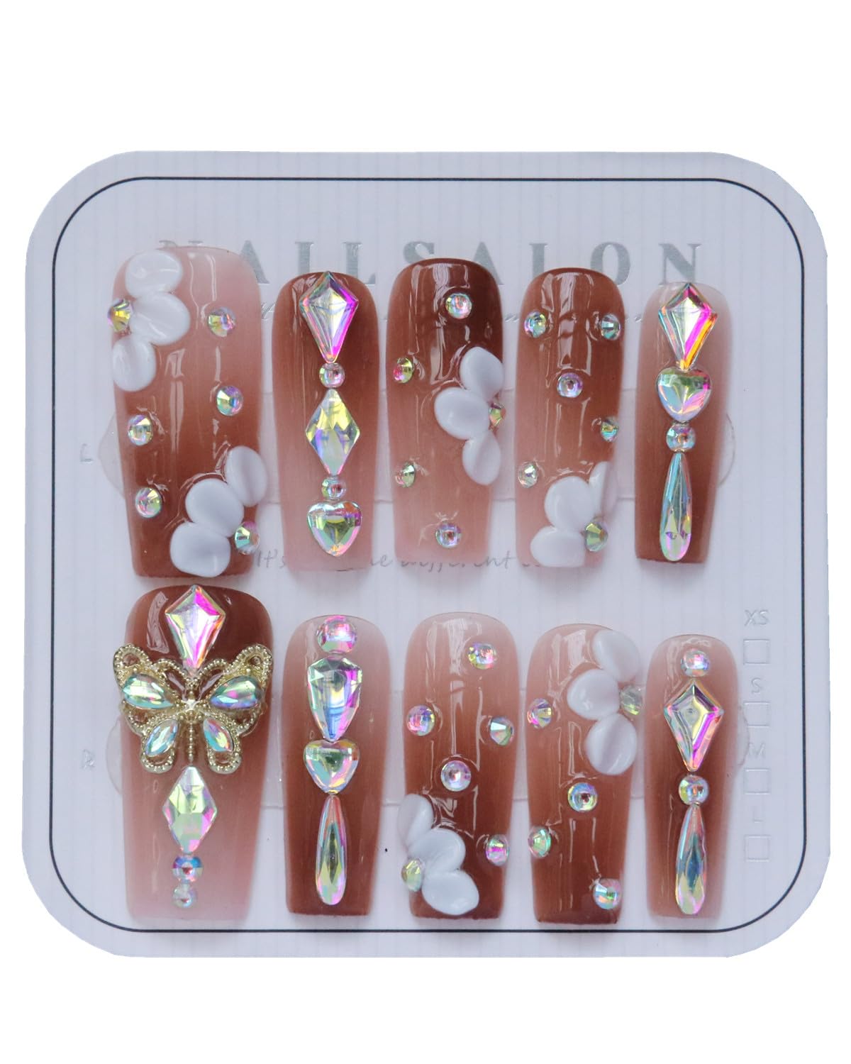 CAMILCY Press on Nails – Handmade Reusable Long Coffin Nails with Brown Gradient and Diamonds (10pcs, B20, L)