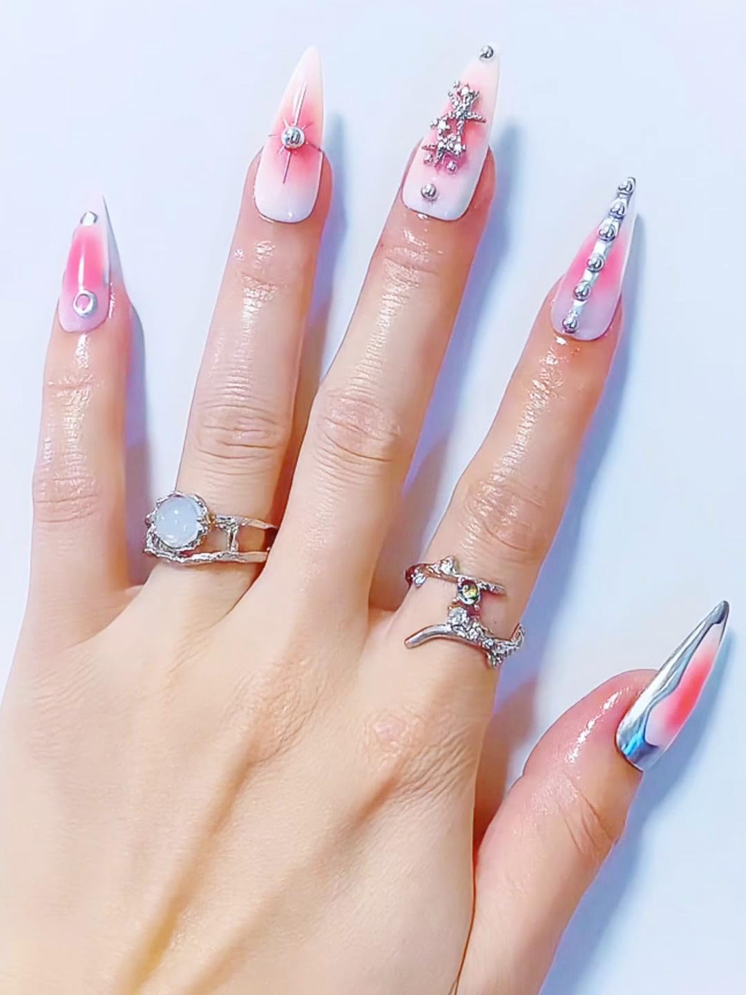 CAMILCY Luxury Press On Nails – Handmade, Reusable, Long Almond Shape with Pink Diamonds