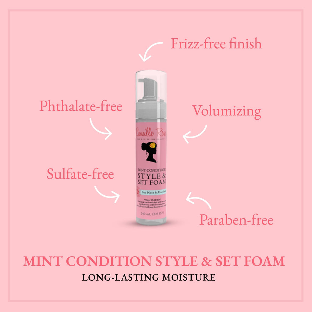Camille Rose Mint Condition Style & Set Foam – Sea Moss & Aloe Vera Hair Mousse, Curl Definition, Volumizing & Frizz Control | 8 oz