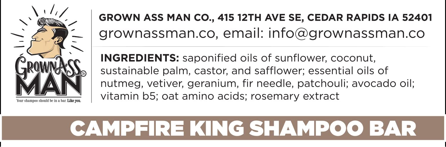 Grown Ass Man Co. Campfire King Solid Shampoo Bar — 3-in-1 Hair, Beard & Body, Plastic Free