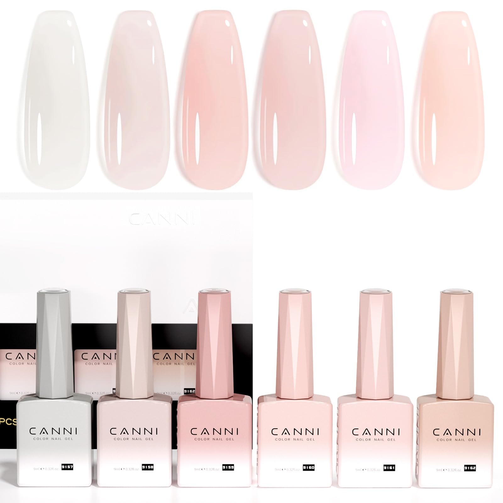 CANNI Jelly Nude Pink Gel Nail Polish Set – 6x9ml Soak-Off LED Gel Kit, Neutral Milky Shades