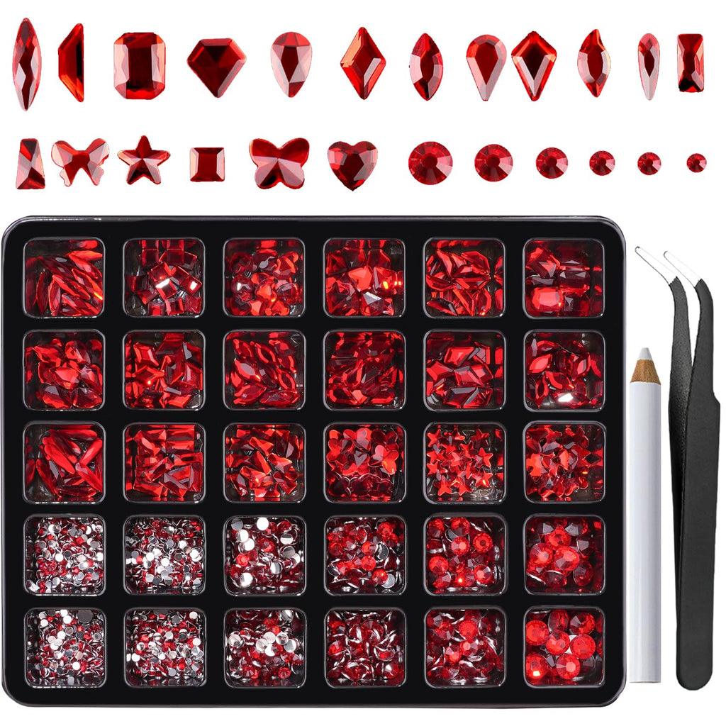 CANVALITE 2900Pcs Red Rhinestones Nail Art Kit – 18 Styles, 2720 Flatback Crystals, Tweezers & Picker