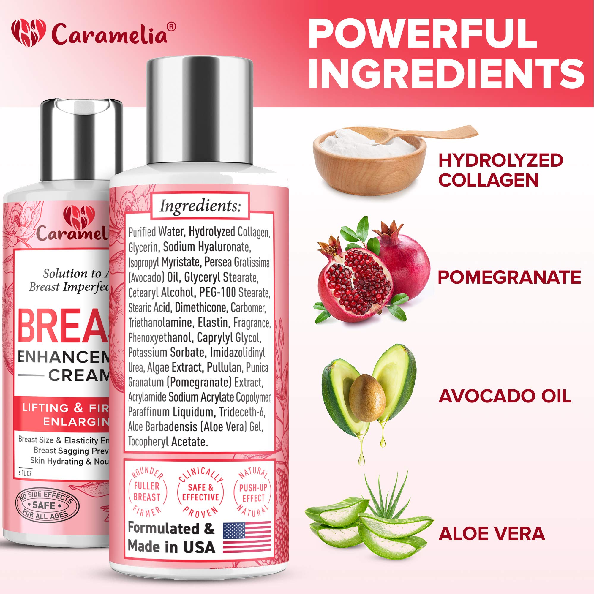 Caramelia Breast Enhancement Cream - USA Made, Firming & Lifting, Paraben-Free, 4 oz