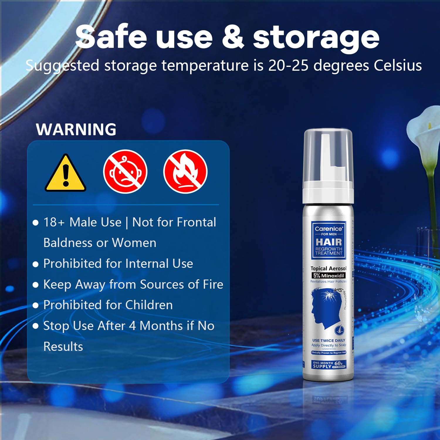 CARENICE 5% Minoxidil Foam for Men with Biotin – Unscented, 4.22 oz (2 Months Supply)