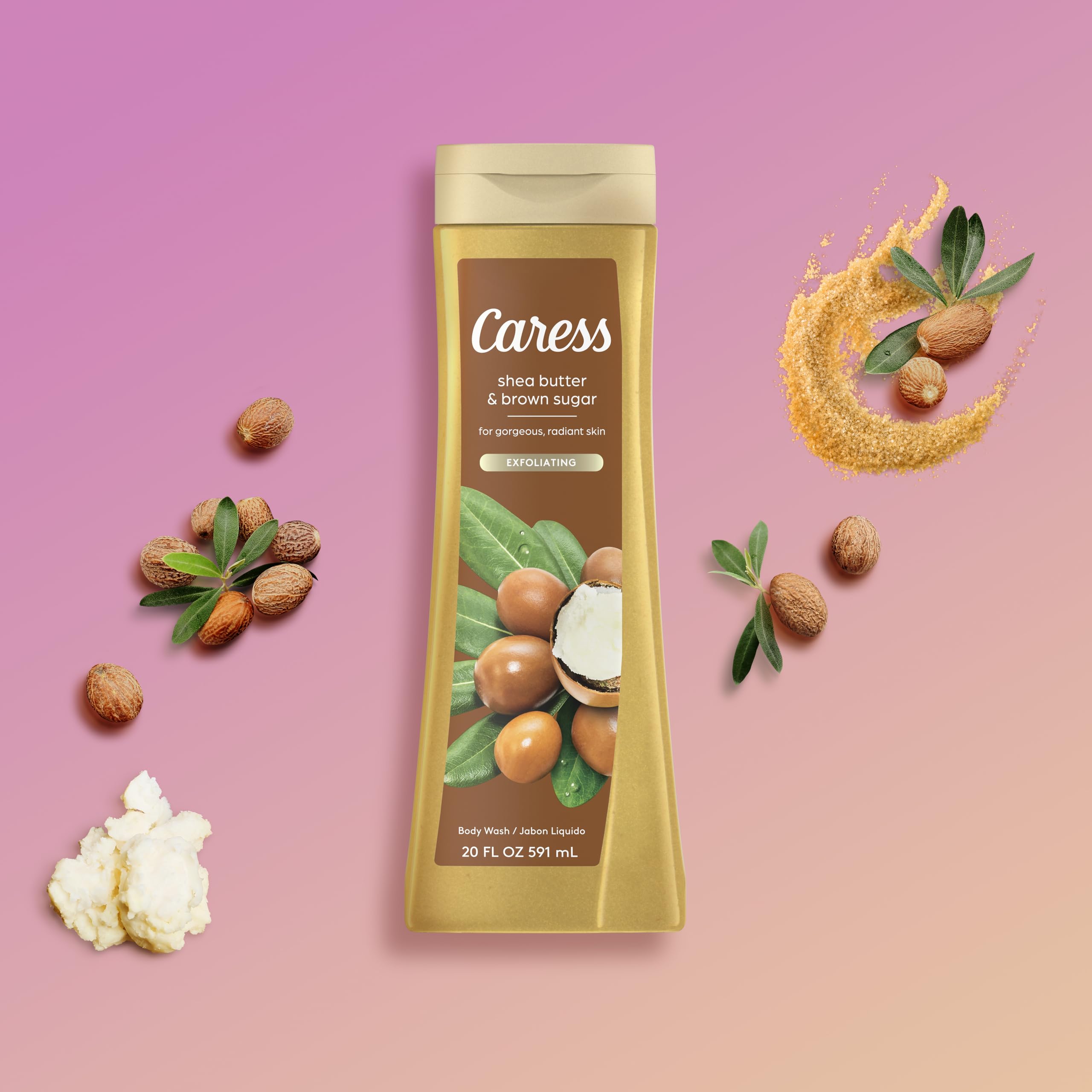 Caress Body Wash with Shea Butter & Brown Sugar — Moisturizing Exfoliating Soap, 2 x 20 oz