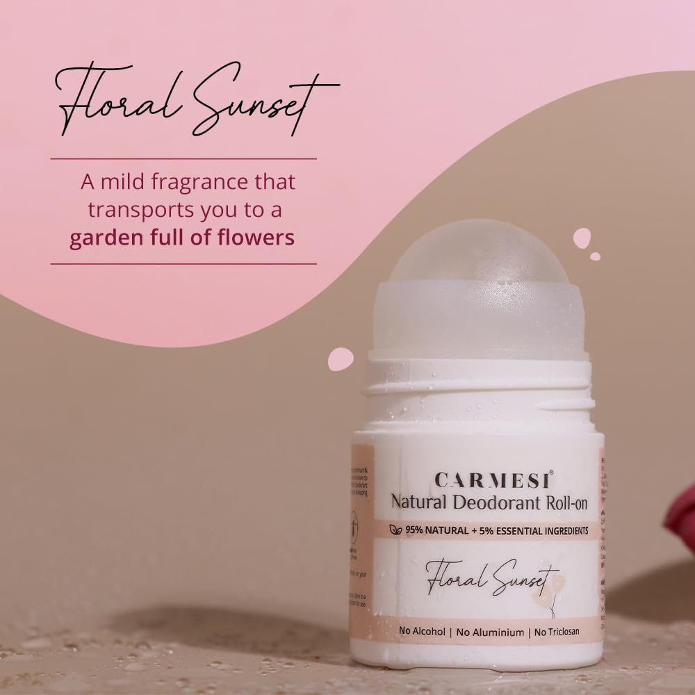 Carmesi Natural Deodorant Roll On - Floral Sunset | 95% Natural, Aluminum-Free & Alcohol-Free for Women | Pack of 2