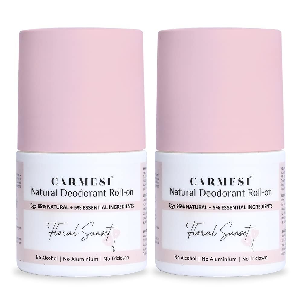 Carmesi Natural Deodorant Roll On - Floral Sunset | 95% Natural, Aluminum-Free & Alcohol-Free for Women | Pack of 2