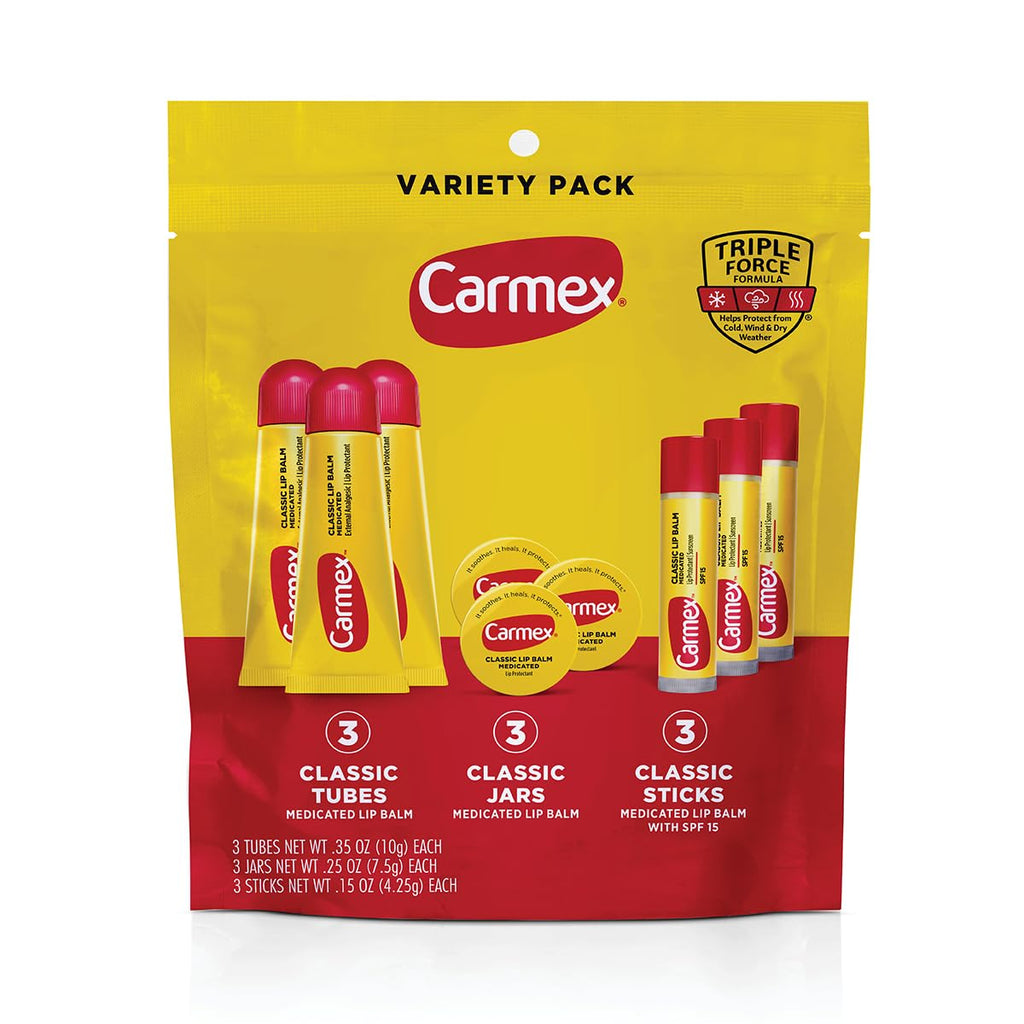 Carmex Classic Medicated Lip Balm Pack, 9-Count Variety (Tubes, Sticks & Jars) – Lip Moisturizer
