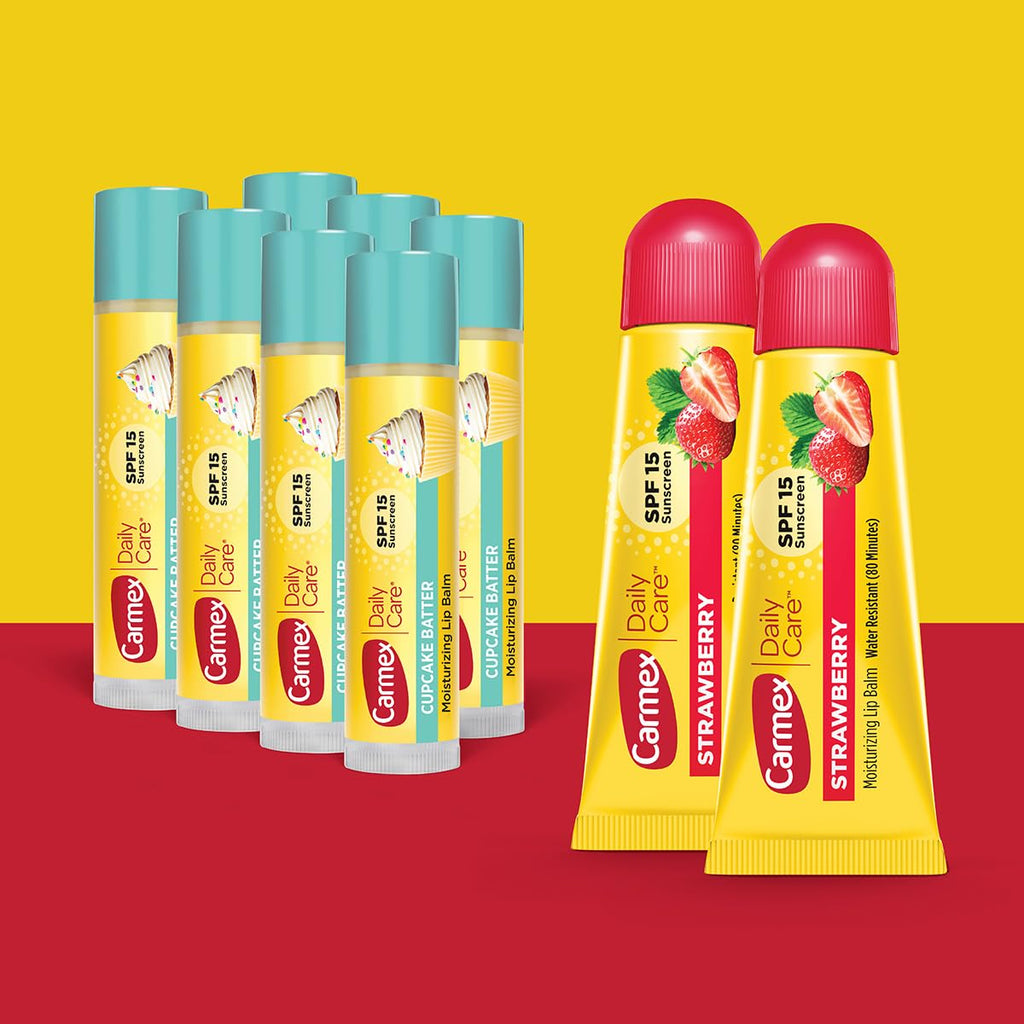 Carmex Daily Care Moisturizing Lip Balm Pack SPF 15 – Strawberry & Cupcake Batter (9 Count) | Cruelty-Free Lip Care