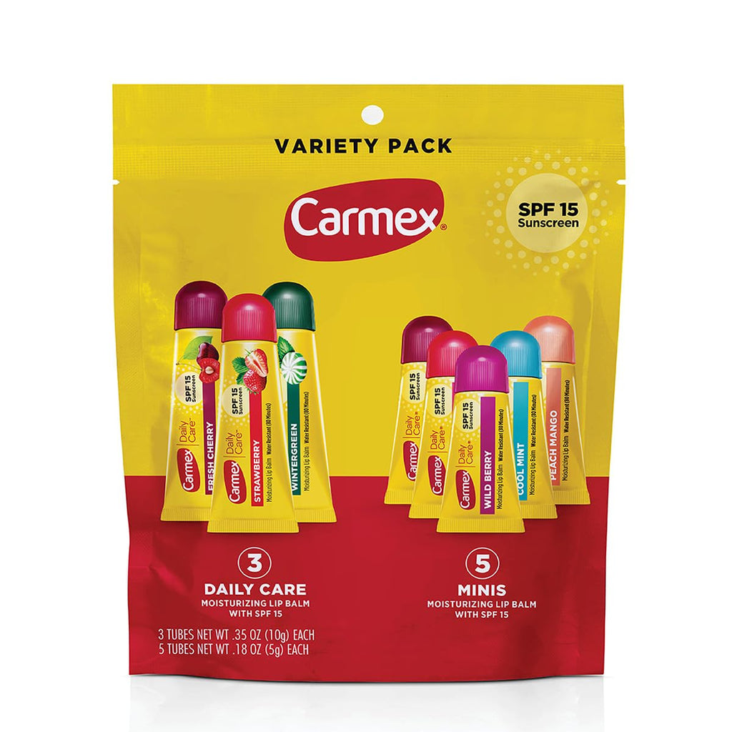 Carmex Daily Care Lip Balm SPF 15 – 8 Count Variety Pack (3 Tubes + 5 Minis) | Six Flavors
