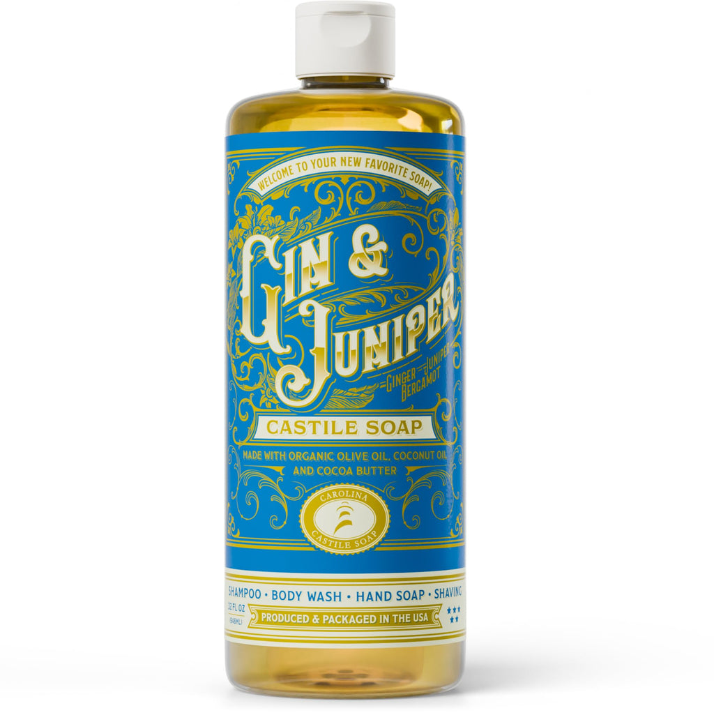 Carolina Castile Soap Gin & Juniper Scented – Organic Olive Oil Castile, Concentrated Body Wash for Men (32 oz)