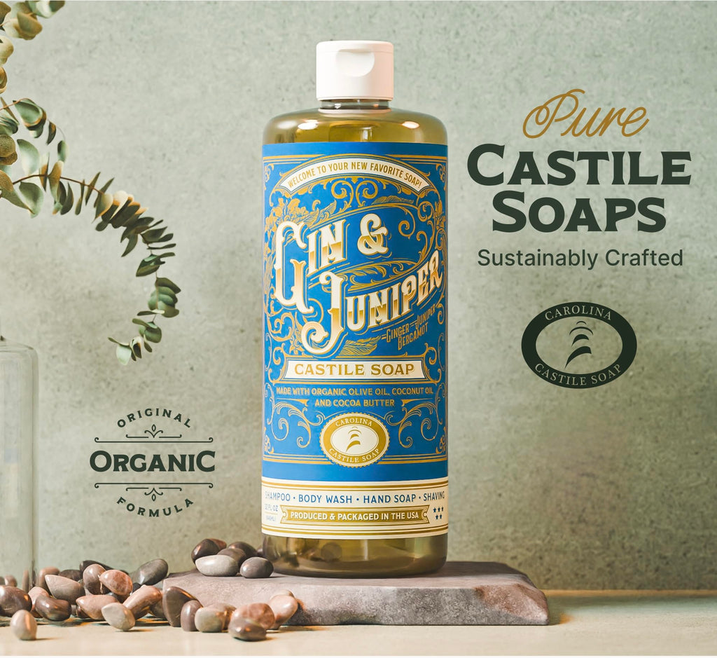 Carolina Castile Soap Gin & Juniper Scented – Organic Olive Oil Castile, Concentrated Body Wash for Men (32 oz)