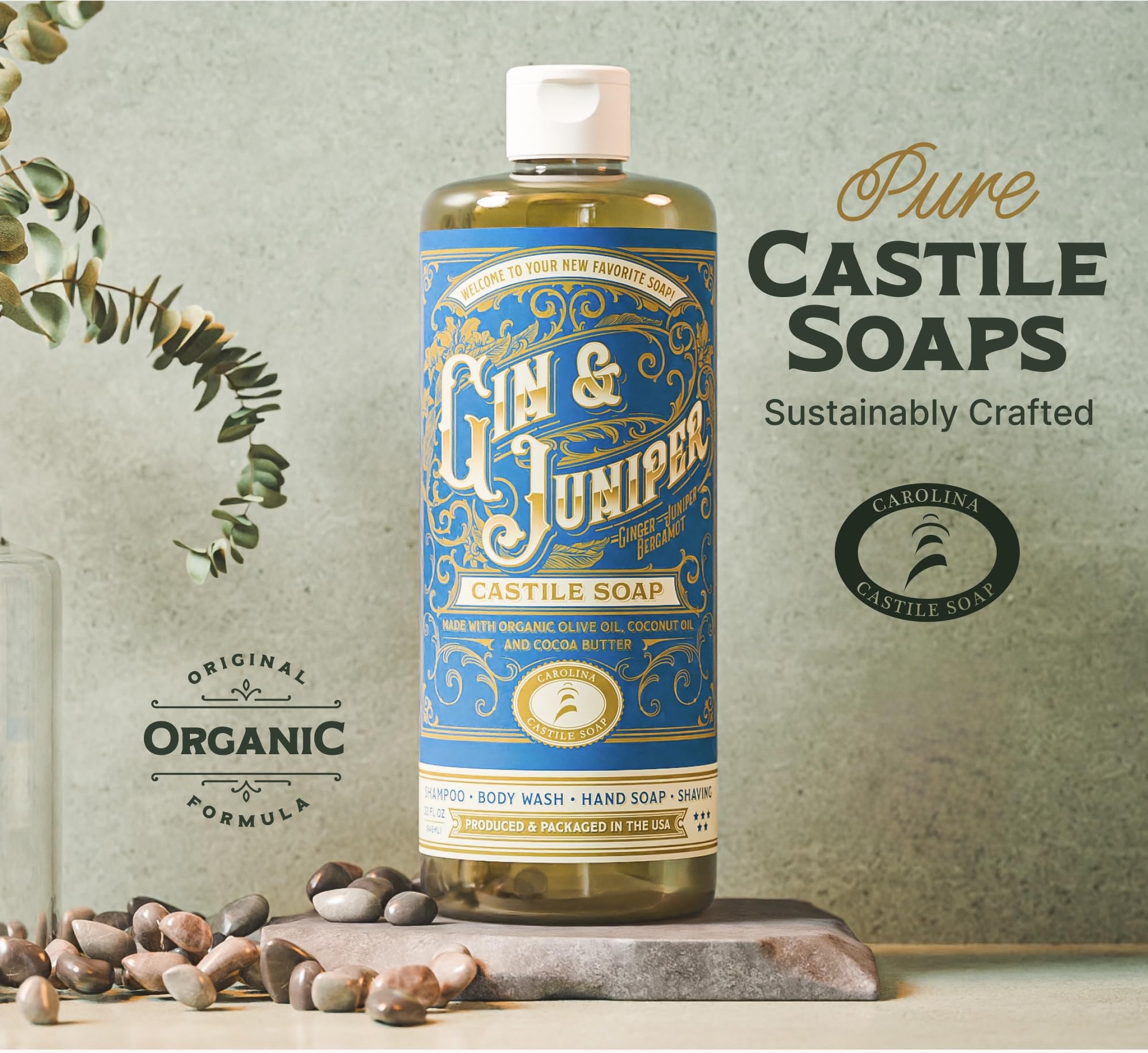 Carolina Castile Soap Gin & Juniper Scented – Organic Olive Oil Castile, Concentrated Body Wash for Men (32 oz)