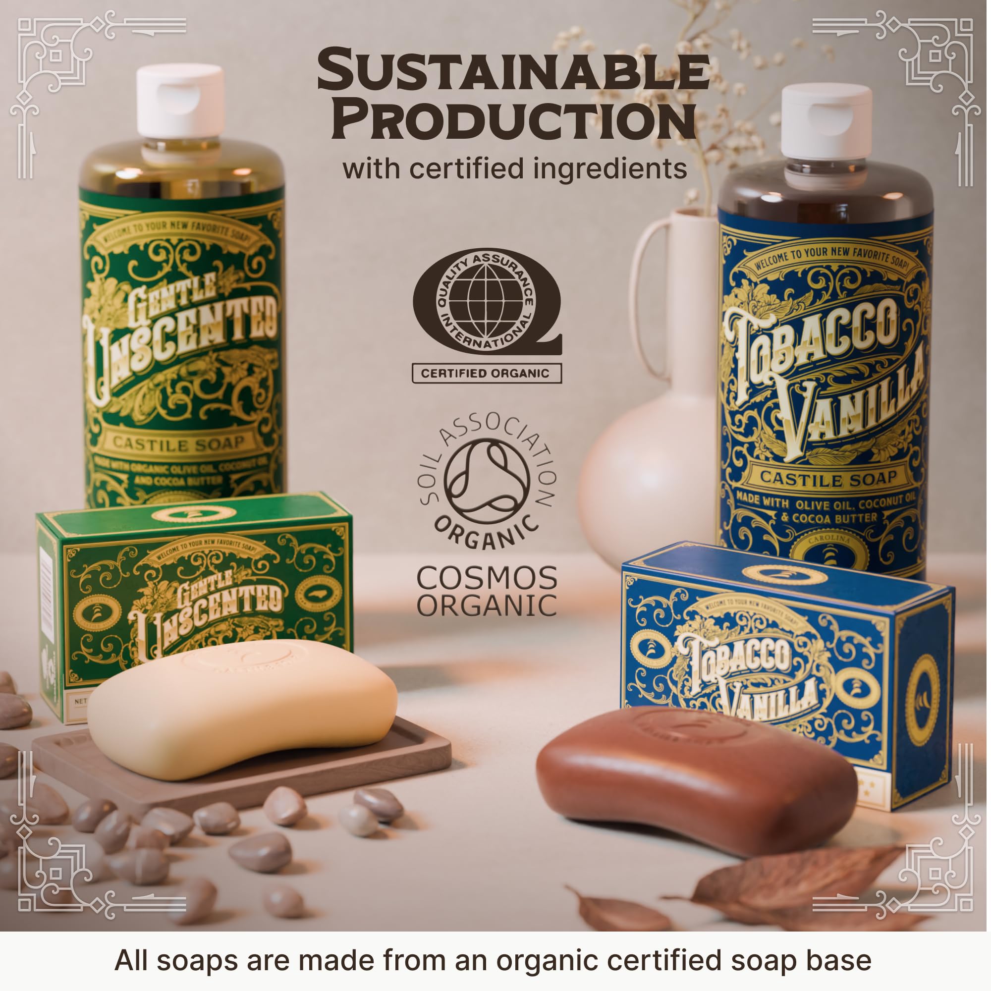 Carolina Castile Soap Body Wash Bar for Sensitive Skin – Olive Oil & Cocoa Butter, Tobacco Vanilla, 5 oz