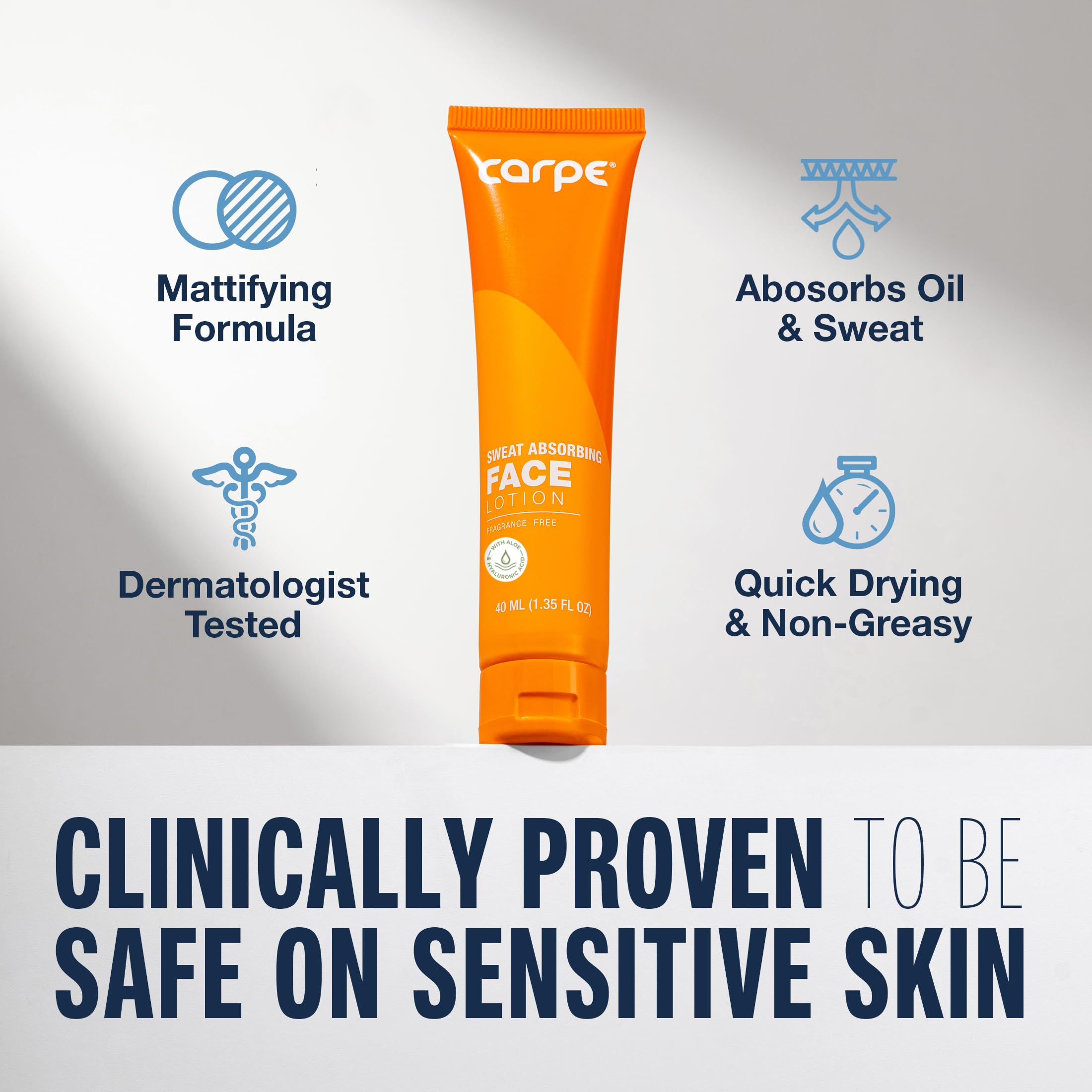 Carpe Sweat Absorbing Face Lotion — Matte Finish for Oily Skin, Hyaluronic Acid & Squalane, Fragrance Free, 1.35 oz