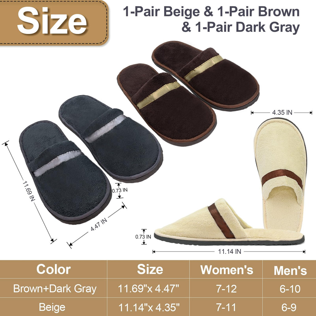 CarryEpic Disposable Slippers – 3 Pairs, Non-Slip Indoor Slippers for Guests (Beige, Brown, Dark Gray)