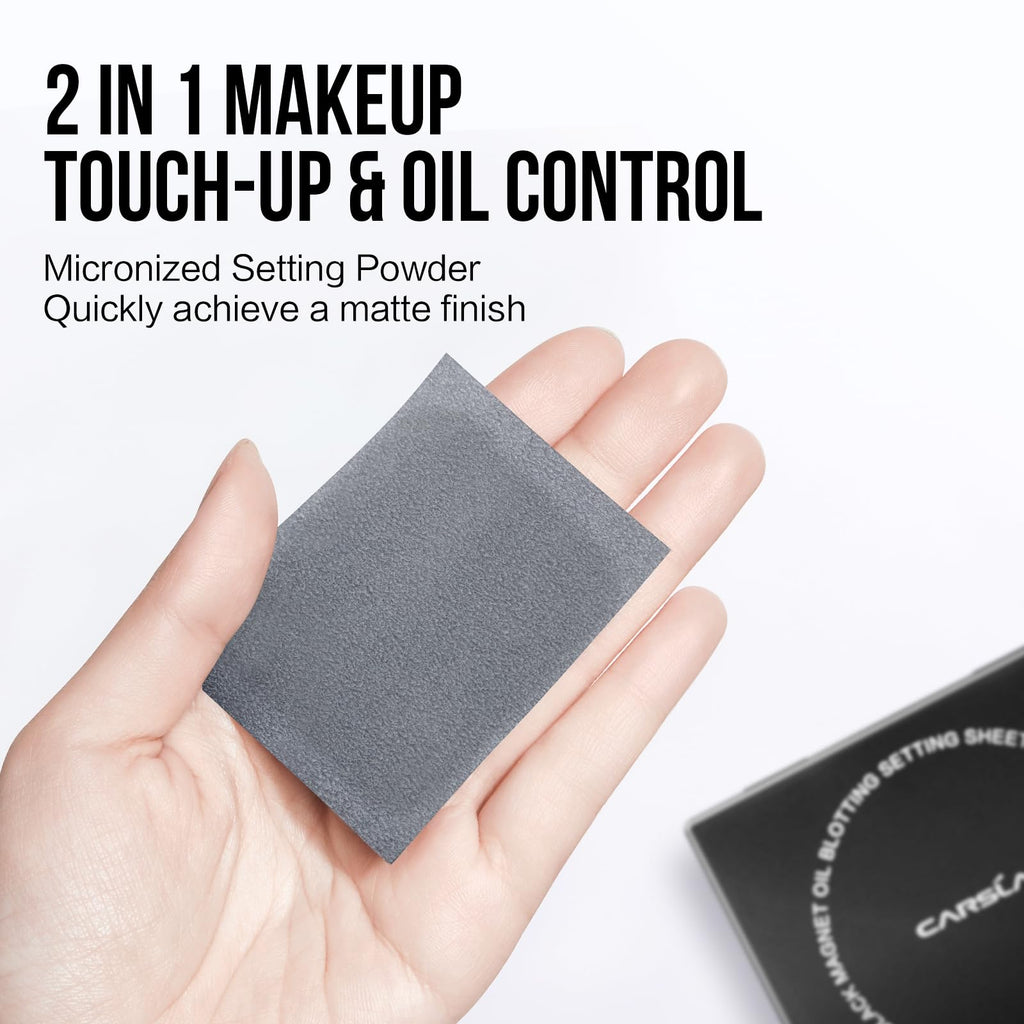 CARSLAN Makeup Blotting Paper with Powder - Matte Finish, Portable Magnet Compact with Mirror & Puff - 150 Sheets + 8 Refills