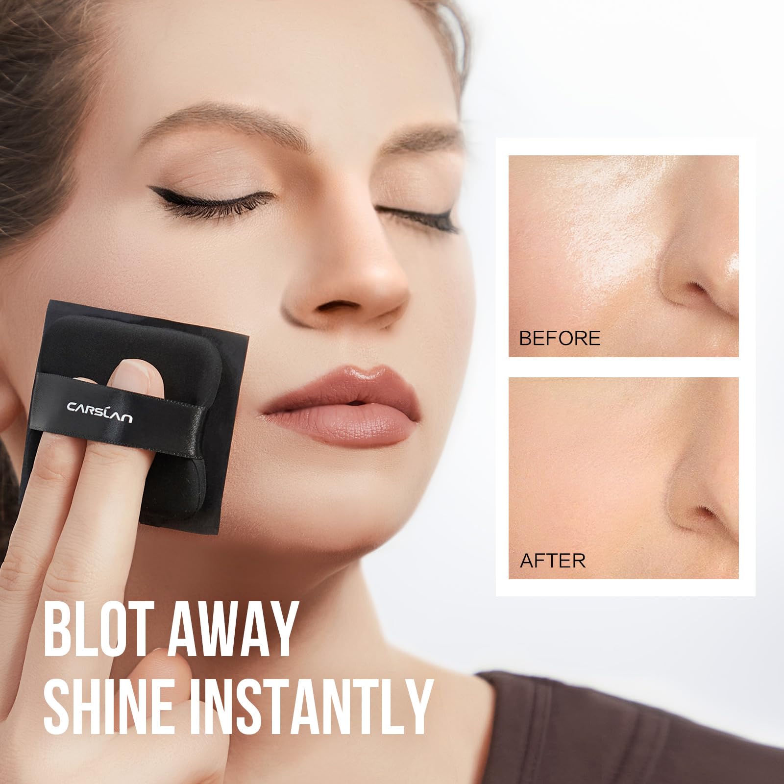 CARSLAN Makeup Blotting Paper with Powder - Matte Finish, Portable Magnet Compact with Mirror & Puff - 150 Sheets + 8 Refills