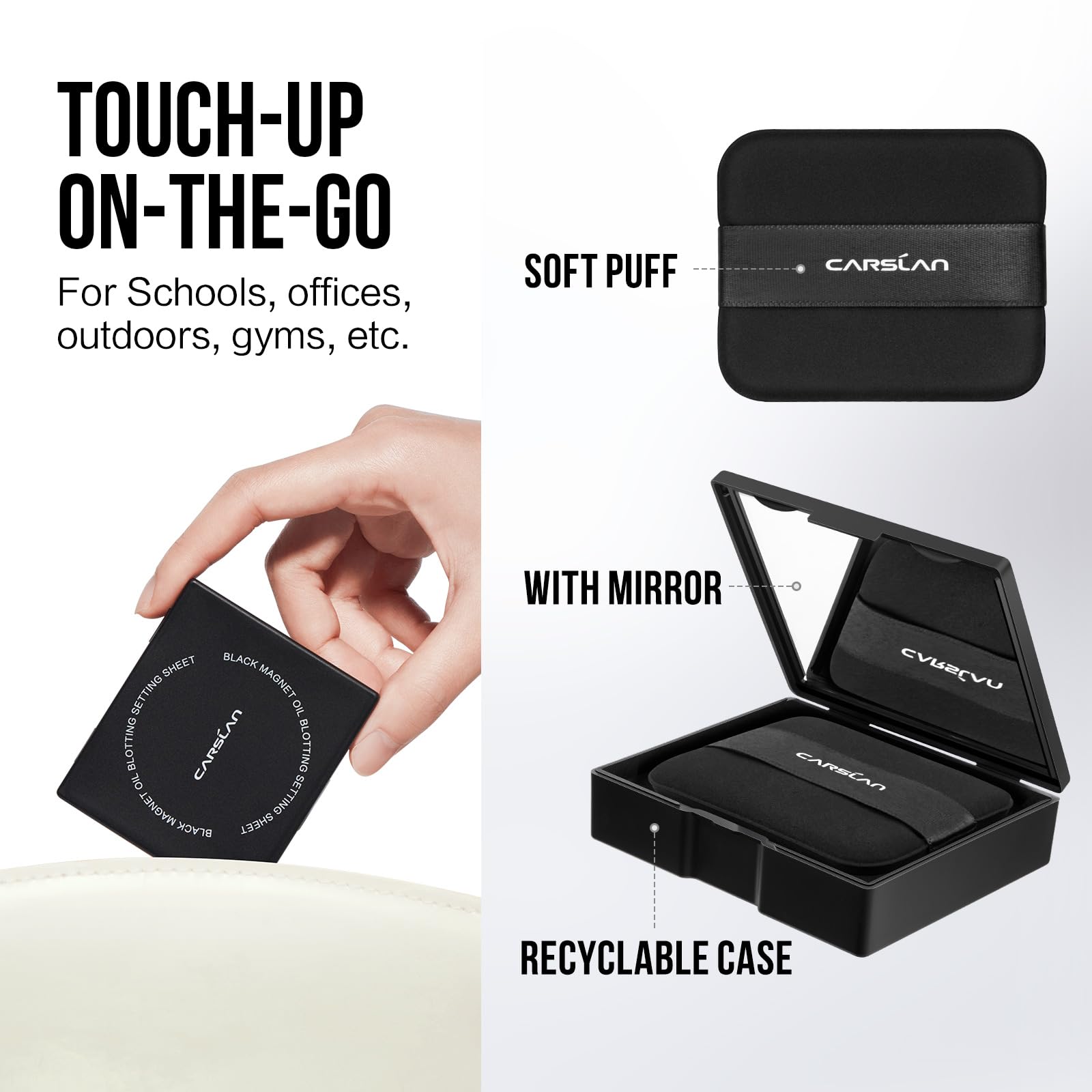 CARSLAN Makeup Blotting Paper with Powder - Matte Finish, Portable Magnet Compact with Mirror & Puff - 150 Sheets + 8 Refills