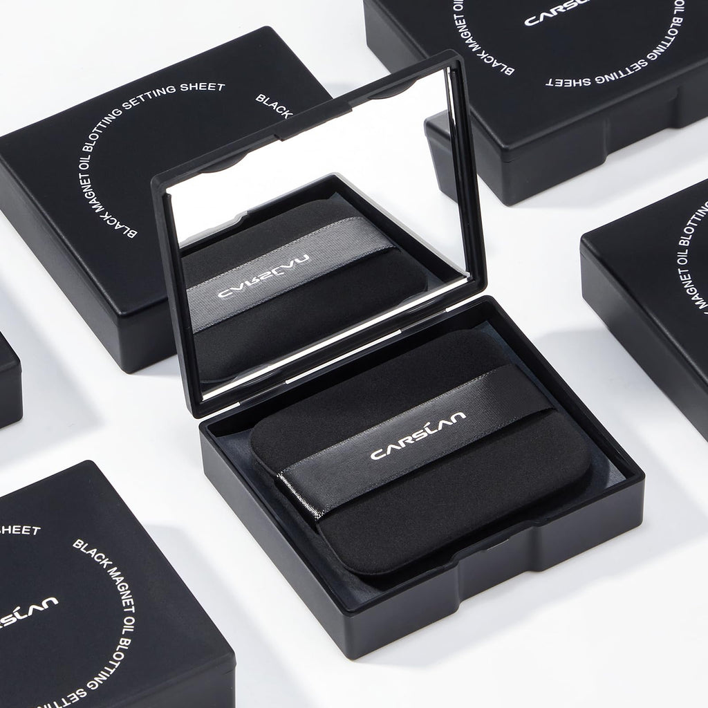 CARSLAN Makeup Blotting Paper with Powder - Matte Finish, Portable Magnet Compact with Mirror & Puff - 150 Sheets + 8 Refills