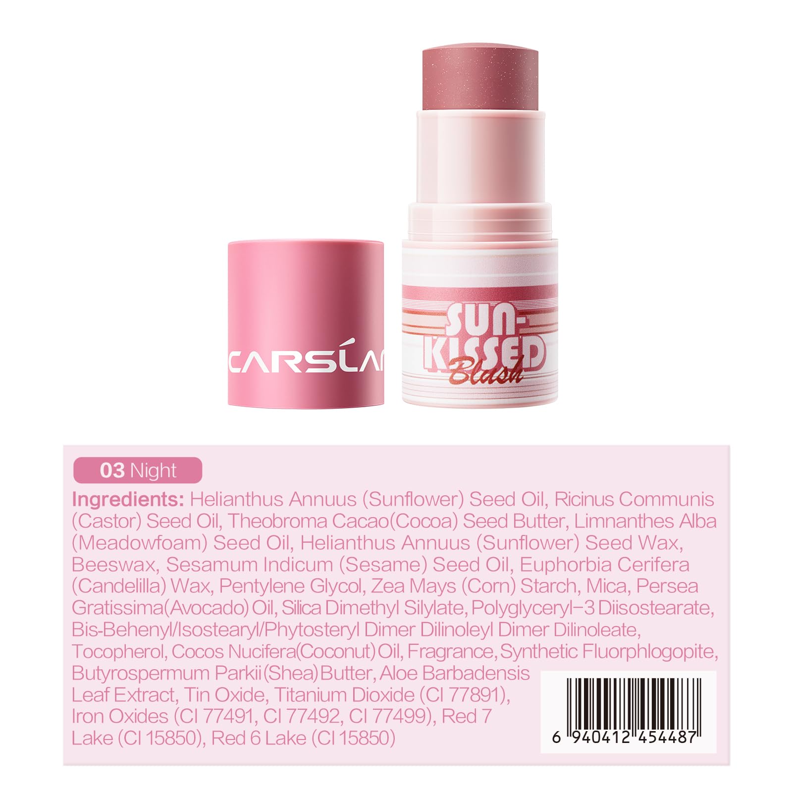 CARSLAN Sun Kissed Blush & Bronzer Stick – Long-Lasting Matte Cream for Cheeks, Lips & Eyes, Shade 03 Night, 0.21 oz