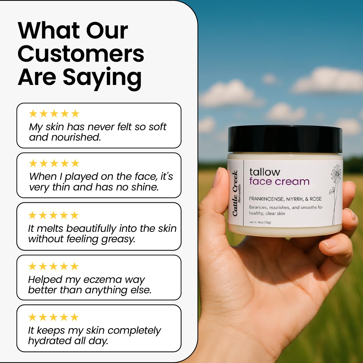 Cattle Creek Mercantile Whipped Tallow Face Moisturizer | Grass-Fed Tallow + Sweet Almond, Myrrh & Frankincense (4 oz)