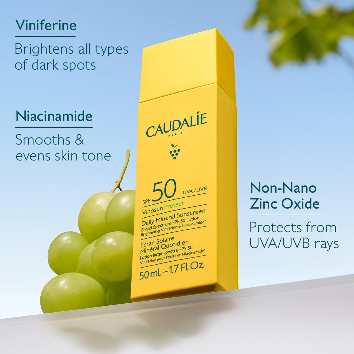 Caudalie Vinosun Protect Daily Mineral Sunscreen SPF50 — 50 mL