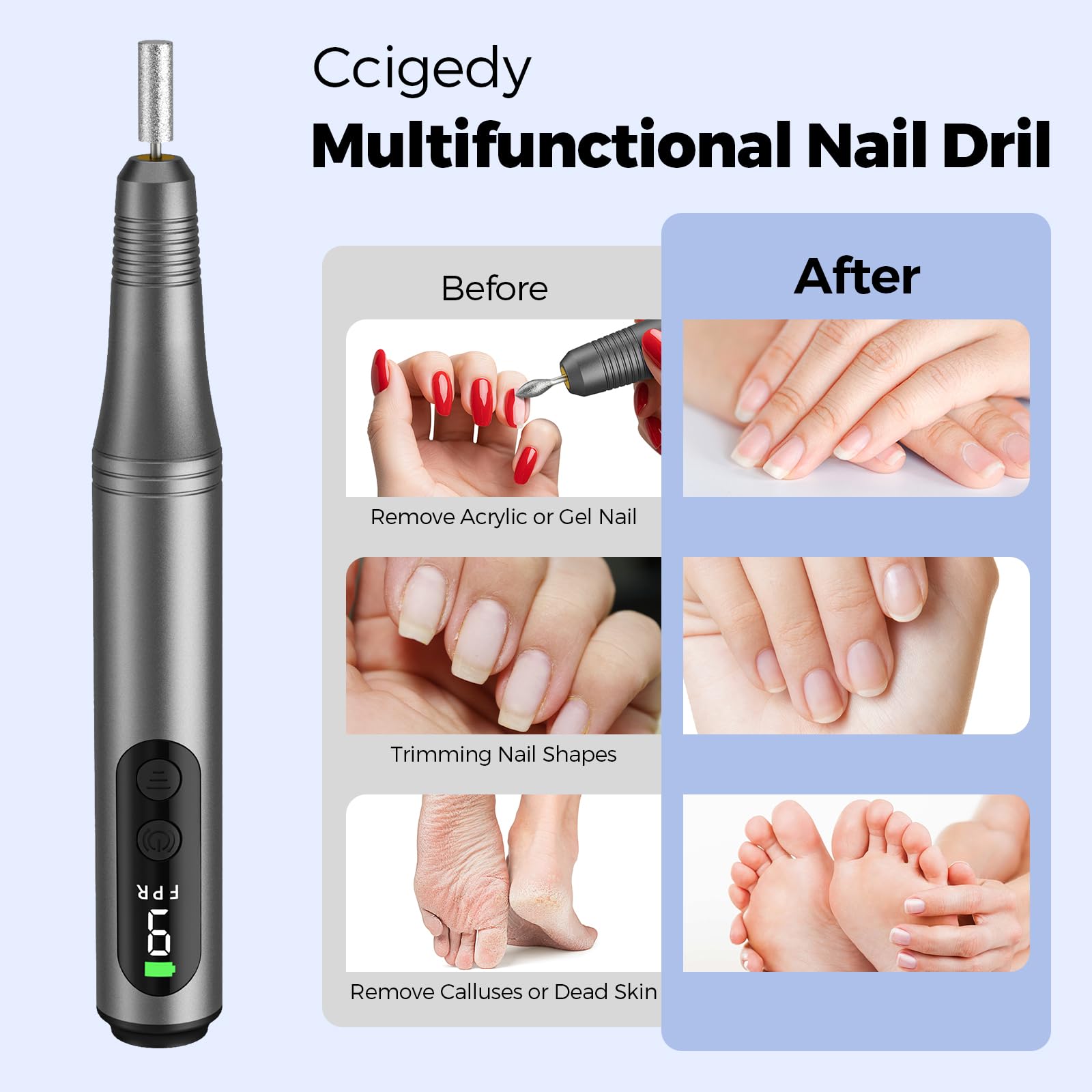 Ccigedy 6-in-1 Electric Nail Drill Kit – Cordless Nail File with 9-Speed LED